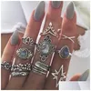 Bagues de cluster Mode Carve Antique Sier Midi Set pour femmes Tortue Couronne Coeur Lotus Knuckle Doigt Femelle Bohème Bijoux Cadeau Drop DHC3R