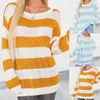 Женские свитера, полосатый свитер, вязаный топ с круглым вырезом и длинными рукавами, футболки, однотонные женские полосатые для