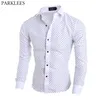 Camicie eleganti bianche con stampa a pois da uomo Camicie eleganti slim fit a maniche lunghe Chemise Homme Camicia casual da lavoro abbottonata Camisa maschile Social294e