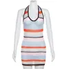 Casual Dresses Sexy Hollow Out Bandage Halter Backless Stretch Summer Beach Cover Ups Color Patchwork virkning Kvinnor miniklänning