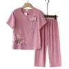 Pantalons deux pièces pour femmes Pyjamas Imprimer Été Seits minces Coton Lin d'âge moyen Dames à manches courtes Grand-mère Vêtements de maison de la mère Pocke