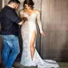 Split Lace Steven Khalil Mermaid Wedding Dresses With Detachable Skirt Sheer Neck Long Sleeves High Slit Overskirt Sexy Bridal Gow228Y