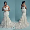 Sexig spetsapplikation Spaghetti Wedding Dresses Sweep Train V Neck Mermaid Brudklänningar African Plus Size Bride Dress Button Back244n