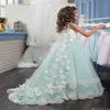 Flickor Pageant Dresses Mint Green Lace Applique 3D Butterfly Floral Sash Crystal Beads Long Tulle Kids Flower Girls Dress Birthday 233w