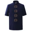 Todo o verão azul marinho masculino algodão bordado camisa dragão topos vintage chinês camisa de manga curta tang terno tamanho m-x3159