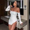 Basic Casual Dresses Off Shoulder Long Sleeve White Mini Dress Drawstring Ruched Bodycon Black Backless Short Birthday Party Club Wear 230914