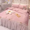 Conjuntos de cama Princesa Lace Ruffles Colcha Set Ice Silk Bed Sheet Quilt Cover Fronhas Lavadas Luxo Cor Sólida Roupas