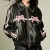 Women's Jackets Sweatshirts Bow Y2k Motorcycle PU Leather Jacket Female Autumn Fashion Zipper Poloneck Sweet Cool Personal Street Vintage Oversize Coat Top 230914