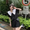 Two Piece Dress Korean Fashion 2 Blazer Set Women Doll Collar Top and High Waist Pleated Mini Skirt Puff Sleeve Button Jacket Coat Outfits 230914