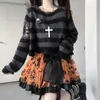 Women's Sweaters Karrram Pink Striped Gothic Sweaters Women Ripped Holes Loose Knitted Pullover Frayed Fairy Grunge Jumpers Emo Streetwear Lolita 230915