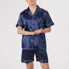 Homens sleepwear homens pijama conjuntos de gelo seda cetim manga curta camisa shorts 2 pcs terno verão fino cor sólida masculino casual casa roupas