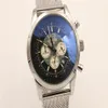 Orologio da uomo con cronografo superiore Cintura in argento senza cintura Scheletro in argento Quadrante nero con retro e puntatore bianco Orologi di tendenza2782