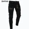 ZEMTOO jean déchiré noir homme pantalon effiloché lavé fermeture éclair décoration pantalon 3039