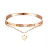 Fashion luxury designer beautiful sparkling diamond zircon heart charms bangle bracelet for woman girls 17 cm rose gold titanium s2804