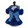 Dog Apparel Charming Pet Dress With Ruffle Sleeves Stylish Denim Outfit Bowknot For Dogs Small Easy