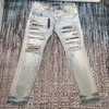 Falection Mens 21FW高品質のジーンズが苦しんでいるバイクバイカーJean Skinny Slim Ripped Hole StripeファッショナブルなLeopart Printed2703