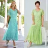 Elegant Tea Length Mother's Dresses Lace Mother Of The Bride Dresses Scoop Neck Wedding Guest Dress With Sleeves A Line Plus 314m