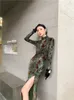 Basic Casual Dresses CHEERART Vintage Green Floral Bodycon Cheongsam Dress Long Sleeve Midi Ladies High Slit Qipao Womens Fashion Clothes 230915