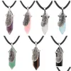 Pendant Necklaces Point Hexagon Prism Stone Necklace Feather Wrapped Energy Healing Crystal Gemstone Drop Delivery Jewelry Pe Dhgarden Dhfeo