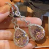 Bungelende oorbellen sprankelende 925 zilveren roze saffier CZ Crystal Topaz bruids bruiloft lange grote Teardrop sieraden voor bruiden cadeau