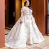 Fabuloso plus size sereia vestidos de casamento de renda com trem destacável jóia pescoço frisado mangas compridas vestidos de noiva tule vestido de223u