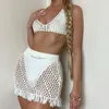 Two Piece Dress Y2K Chic Women Holiday Skirt Two Piece Sets Knitted Chest Wrap Backless Tie Up Crop Top + Crochet Hollow Out Tassel Bodycon 230914