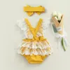 Pagliaccetti CitgeeSummer Born Baby Girl Body Abiti senza maniche Patchwork in pizzo Stile dolce Tuta gialla Set di fasce con fiocco