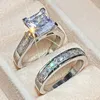 Fashion Wedding Ring Set for Women Dazzling Square Zirconia 925 Silver Luxury Lady Accessories Trendy Delicate Bridal Jewelry