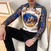 Camisa Masculina Long Sleeve Shirt Man Four Golden Leopard Print Slim Fit Fit Disual Summer Mens Club Social Top226b