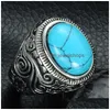 Solitaire Ring Mens Turquoise Crack Stone Rings Vintage Retro rostfritt stål naturligt snidat finger för pojkar mode punk smycken droppe dhlje