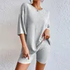 Two Piece Dress Tees Women'S T-Shirt Vacation Short Sets Fashion Ribbed Solid And Summer Shorts Suit Casual Lounge Knitting Two Tops Set Piece 230914