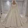 Dubai Arabic Style Ball Gown White Wedding Dresses Luxury Beaded Appliqued Sheer Long Sleeves Bride Formal Church Wedding Gowns wi258r