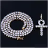 Iced Hip Hop Ankh Kreuz Anhänger mit 4 mm 18 20 1 Reihe Tenniskette Halskette Gold Silber Zirkonia Männer Frauen Hiphop Schmuck Drop Lieferung