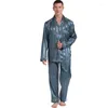 Men's Sleepwear Men Homewear Long Sleeve Shirt&pants 2Pcs Pajamas Male Satin Nightwear Loungewear Green Stripe Pyjamas Home Clothes