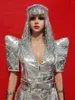 Stage Wear Silver Exaggerated Shoulder Design Dance Po Shooting Birthday Prom Special Occasion Sexy Sing