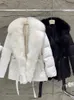 Jaquetas femininas Janveny Luxo Natural Fur Collar 2023 Branco Ganso Down Jacket Mulheres Inverno Feminino Quente Parkas Casaco Slim com Cinto Outwear 230914