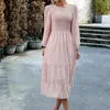 Lässige Kleider, Midi-Kleid, Rundhalsausschnitt, lange Ärmel, gepunktet, für den Abend, Jacquard, Rüschenbesatz, Party, Clubwear für Damen