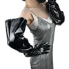 Fünf-Finger-Handschuhe, lange Patent-Handschuhe, Unisex, Kunstleder, glänzend, schwarz, Ballon-Puffärmel, groß, 70 cm, WPU1 230915