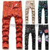 Herrmode Slim Fit Stretch Men Jeans Långt tryckta Casual Floral Pants Denim J230915