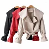 Женские кожаные осенние женские куртки из искусственной кожи 2023, короткое пальто с отложным воротником и поясом на шнуровке, мотоциклетное черное, панк-красное пальто, женская верхняя одежда