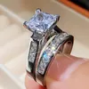 Fashion Wedding Ring Set for Women Dazzling Square Zirconia 925 Silver Luxury Lady Accessories Trendy Delicate Bridal Jewelry