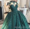 Vintage Hunter Green Quinceanera Jurken Satijn Kant Appliqué Met sieraad Lange Uitgiftemouwen Luxe Kralen Sweet 16 Gala Baljurk