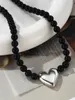 French Black Agate Silver Color Love Necklace for Women's Light Luxury Niche Ins All-Match Peach Heart Charm Pendant Jewelry
