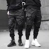 Qnpqyx novas calças de moda masculina fitas cor bloco preto bolso carga calças harem joggers harajuku sweatpant hip hop calças251p