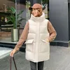 Women's Vests Zipper Hood Warm Waterproof Vest Sleeveless Down Cotten Coat Brand Solid Mid Length Winter Jackets For Women 2023