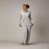 Elegant Plus Size Silver Mother's Pants Suit For Mother of The Bride Groom Beaded Chiffon Wedding Party Evening Gowns Prom Dr276S