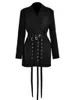 Kvinnors kostymer 2023 Autumn Fashion Elegant Long Sleeve Slim Blazers With Belt Streetwear Sexig Bandage Pockets Female Coat Jacket