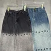 Kvinnors jeans mode broderi gradient design bred ben retro tvättar hög midja avslappnade raka benbyxor