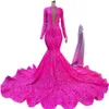 2023 Fuchsia Mermaid Long Prom Dresses African Black Girl Long Sleeves Sparkly Sequin Lace Party Party Bress Bc15052 GW02282W