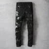 Mens Jeans Leather Stars Patch Black Stretch Denim Pencil Pants Slim Skinny Patchwork Trousers 230915